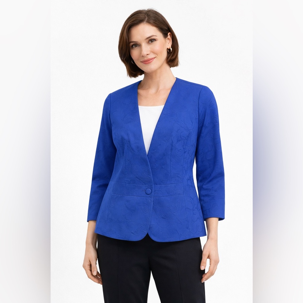 NWT‎ $169 Talbots Floral Jacquard One-Button Blazer 2 Royal Blue 3/4 Sleeve